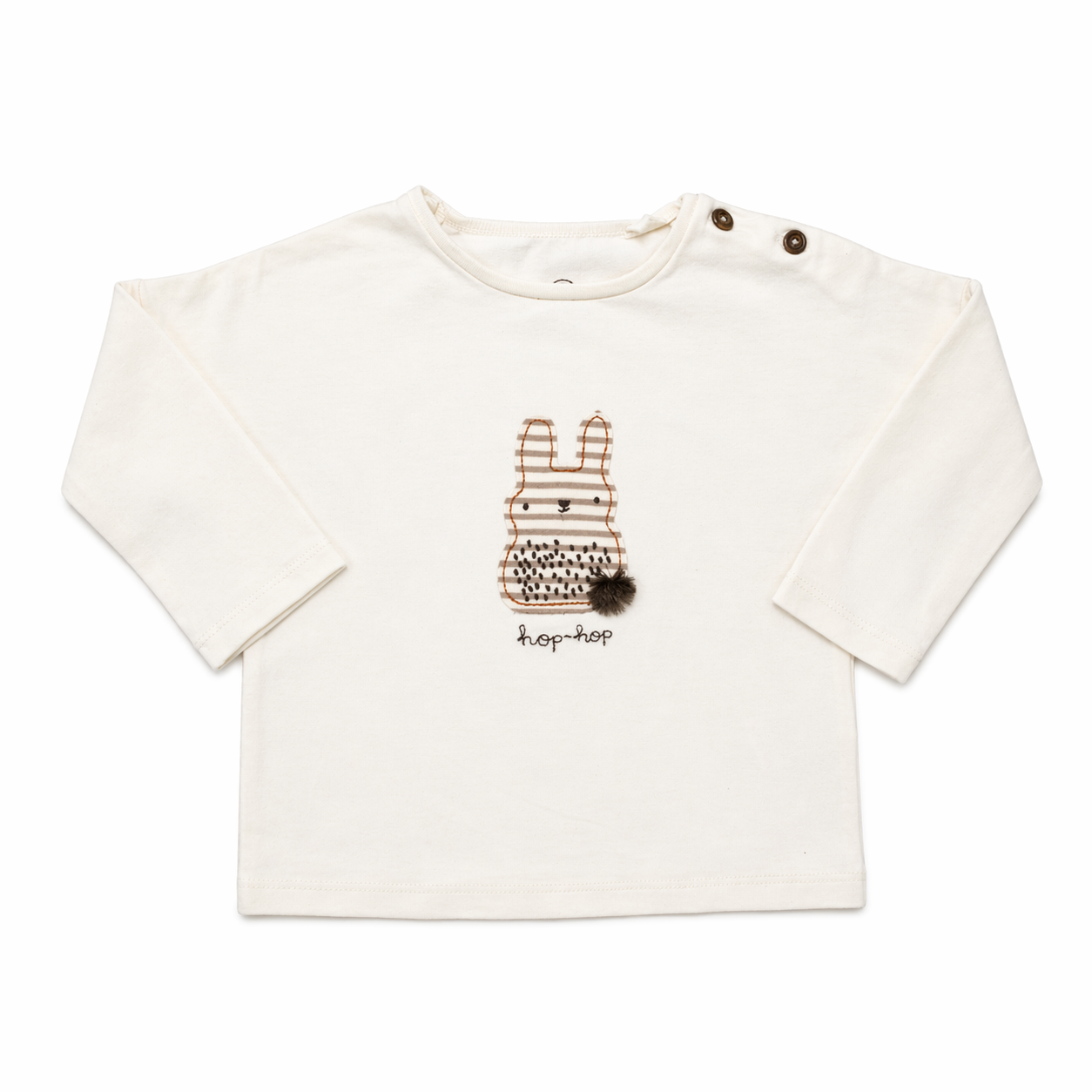 Baby Full-Sleeve Top - Bunny Hop-Hop Embroidery - Off White