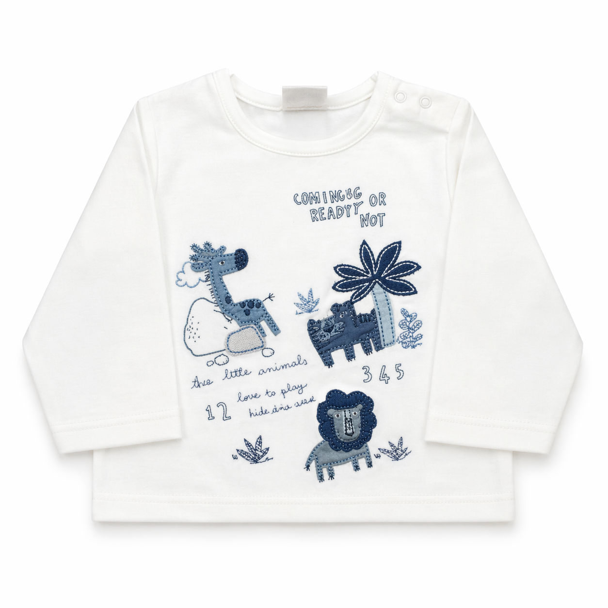 Baby Full-Sleeve Top - Jungle Animal Embroidery - Off White