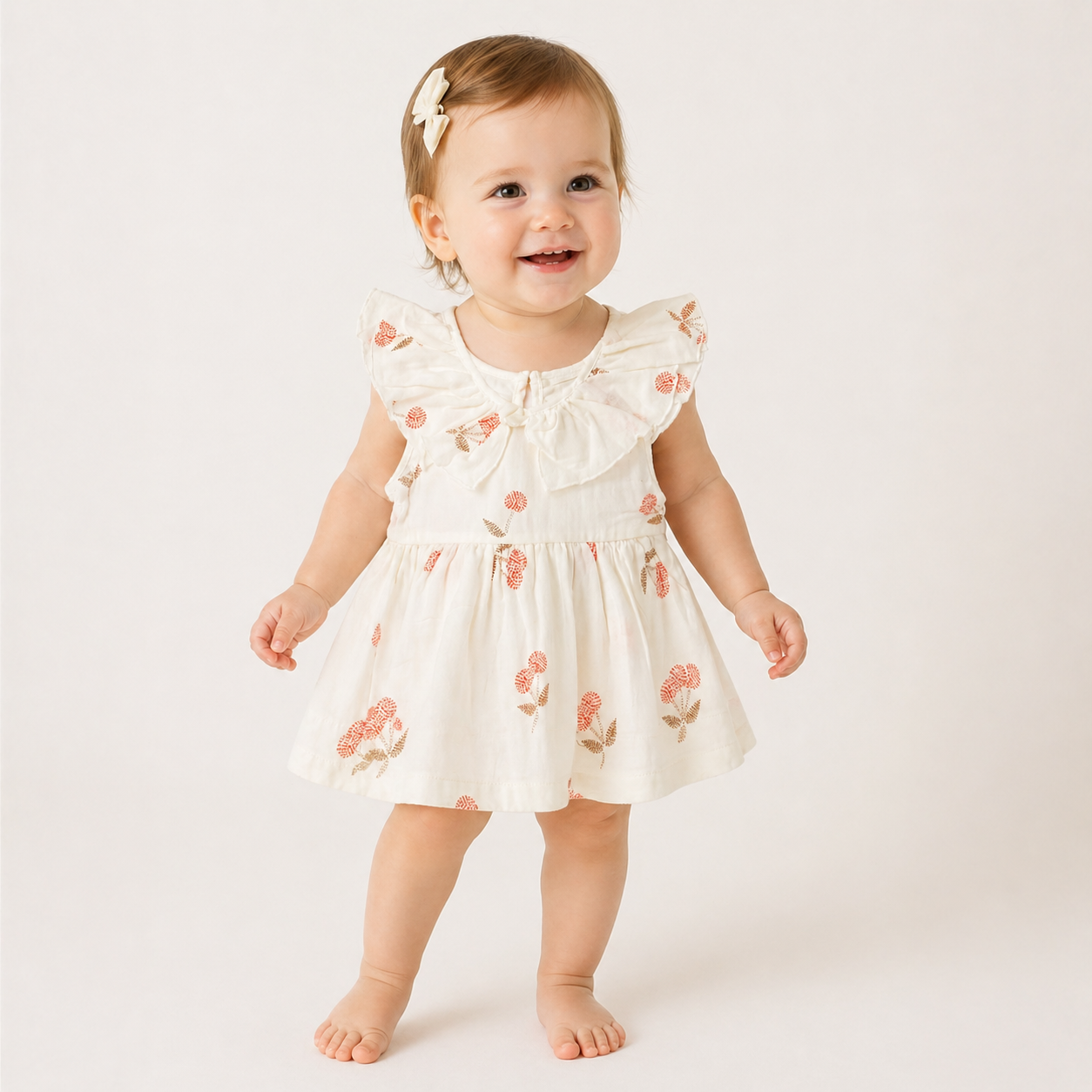 Cream Floral Flutter Baby Dress