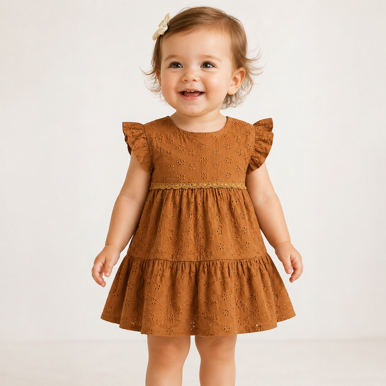 Brown Eyelet Embroidered Baby Dress