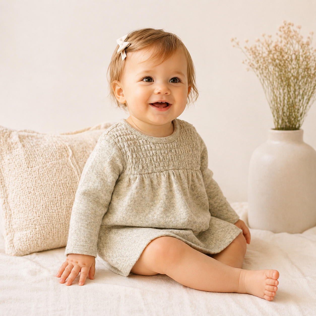 Oatmeal Smocked Knit Baby Dress