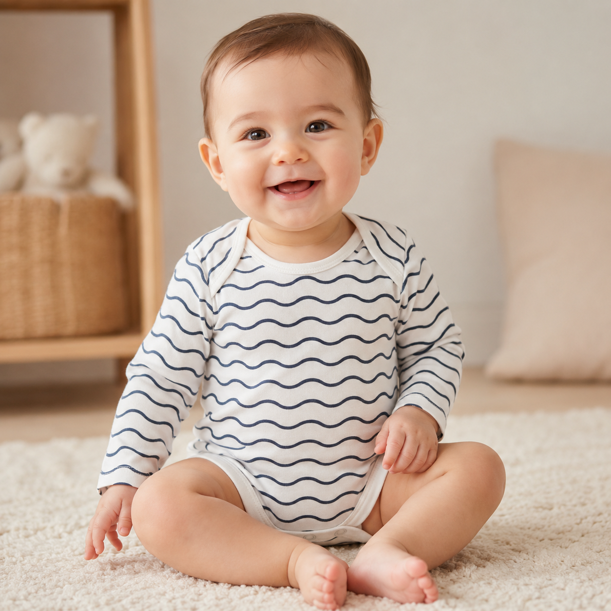 White Navy Wave Long Sleeve Bodysuit