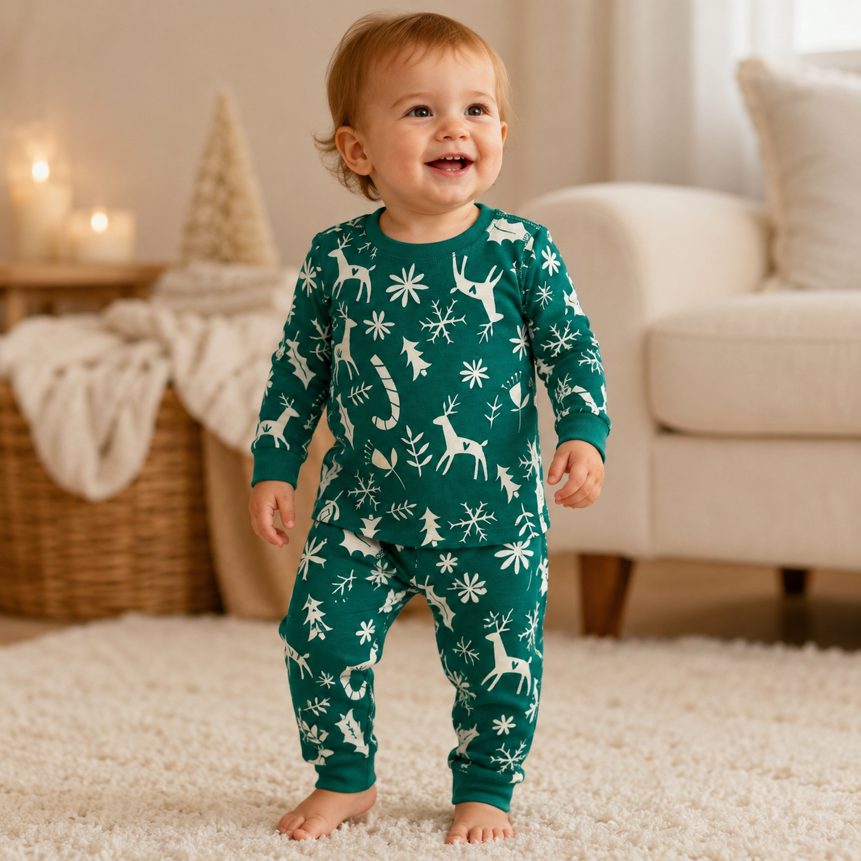 Green Deer Holiday Top & Bottom Set
