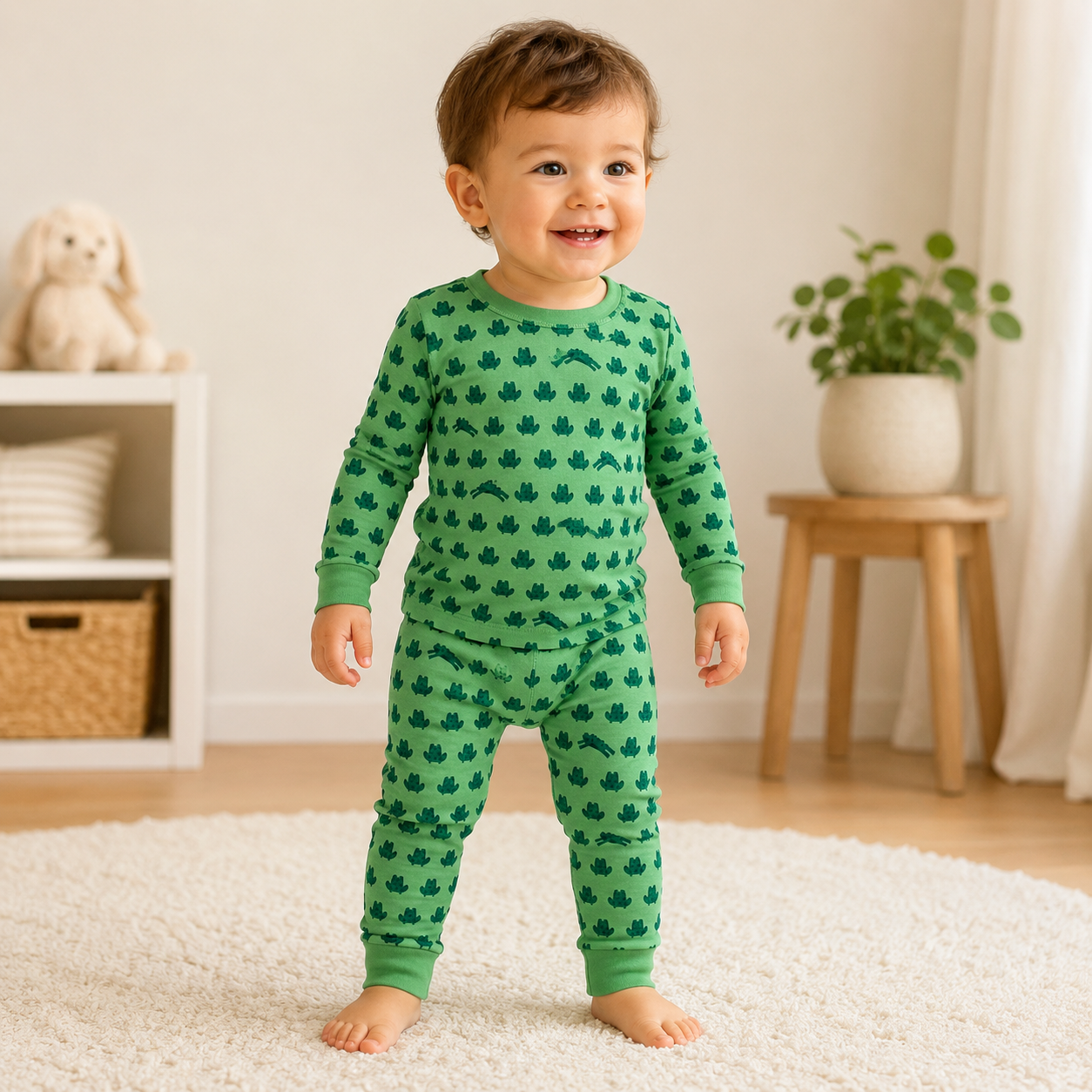 Green Frog Print Top & Bottom Set