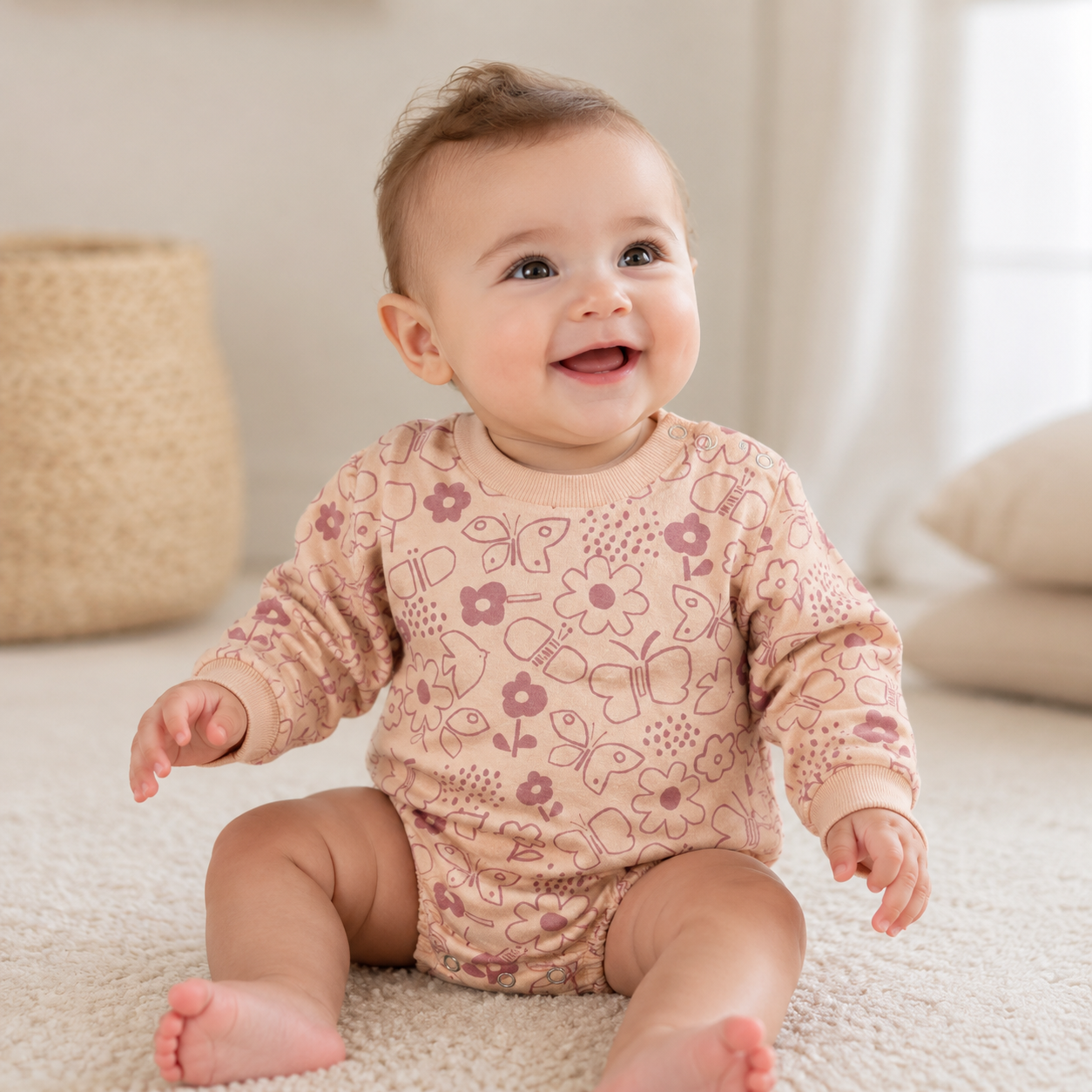 Peach Butterfly Floral Bubble Romper