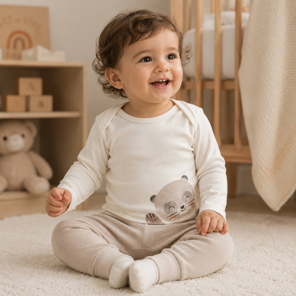 Cream Peeking Animal Long Sleeve Baby Top