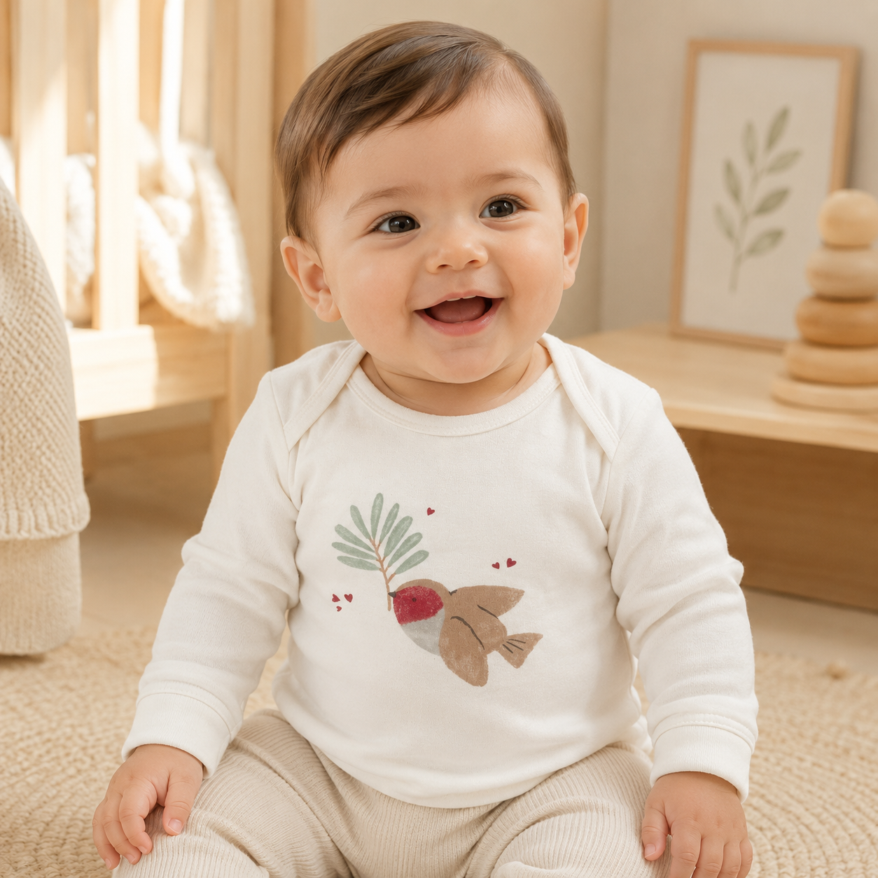 Ivory Bird Print Long Sleeve Baby Top