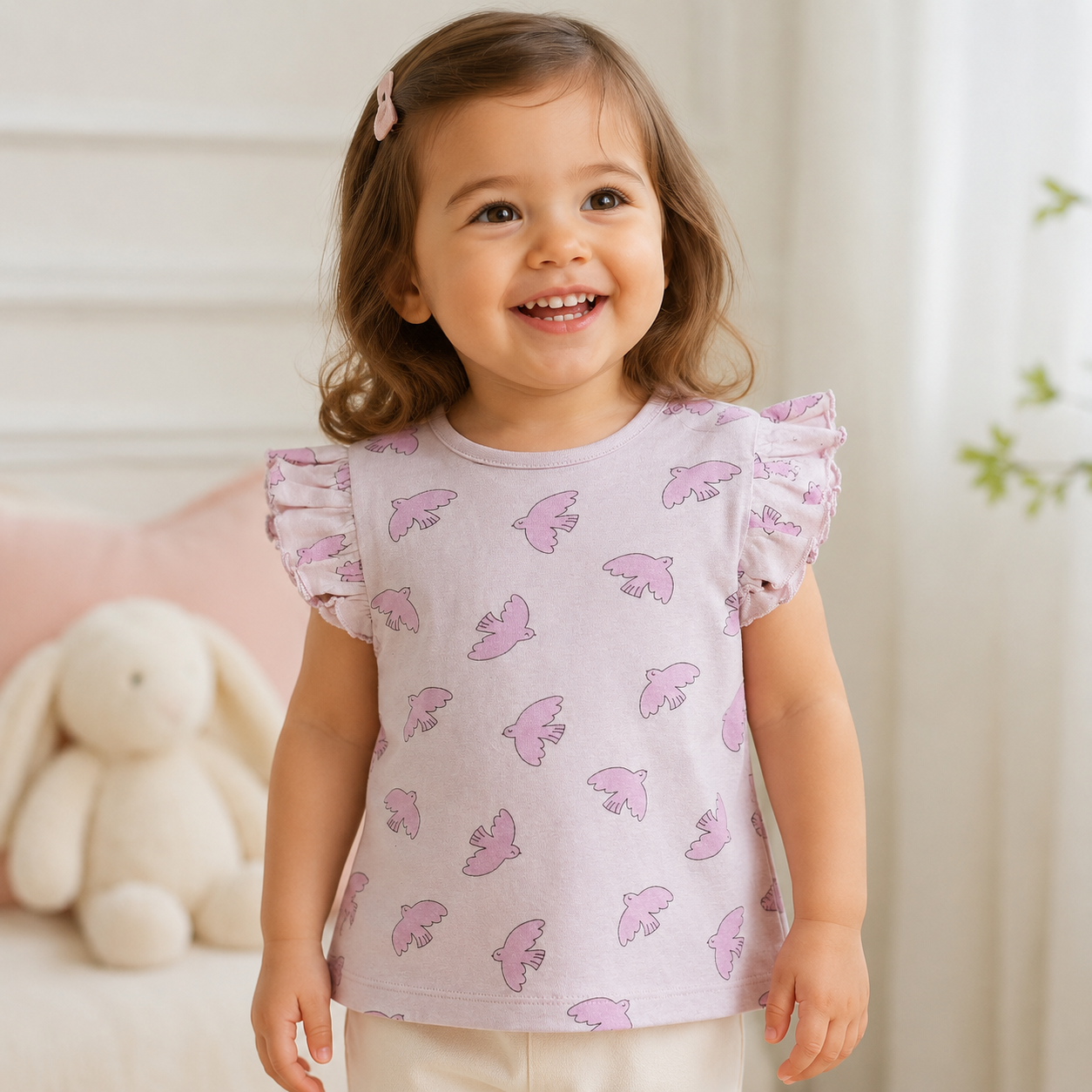Pink Bird Flutter Sleeve Baby Top