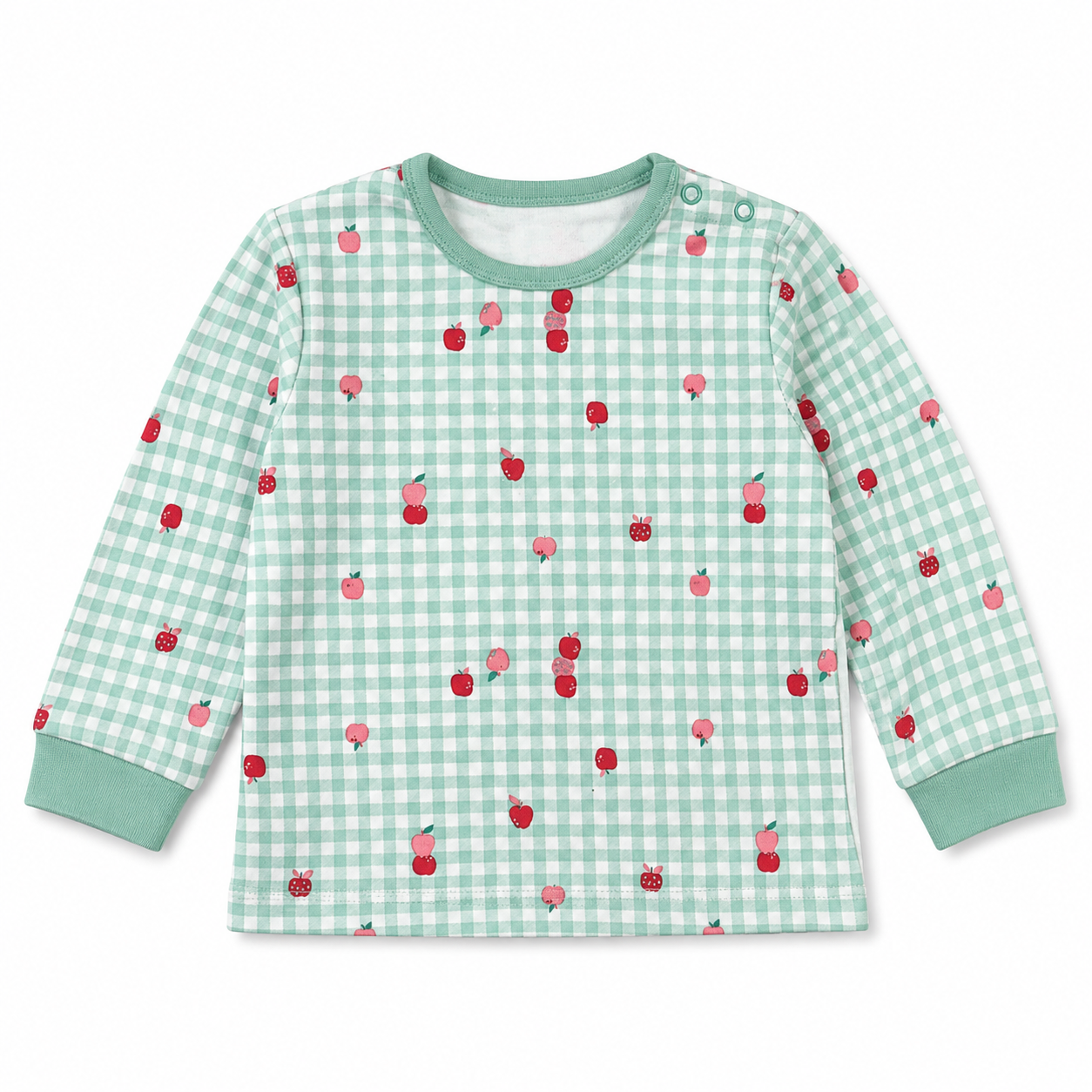 Mint Gingham Apple Long Sleeve Baby Top