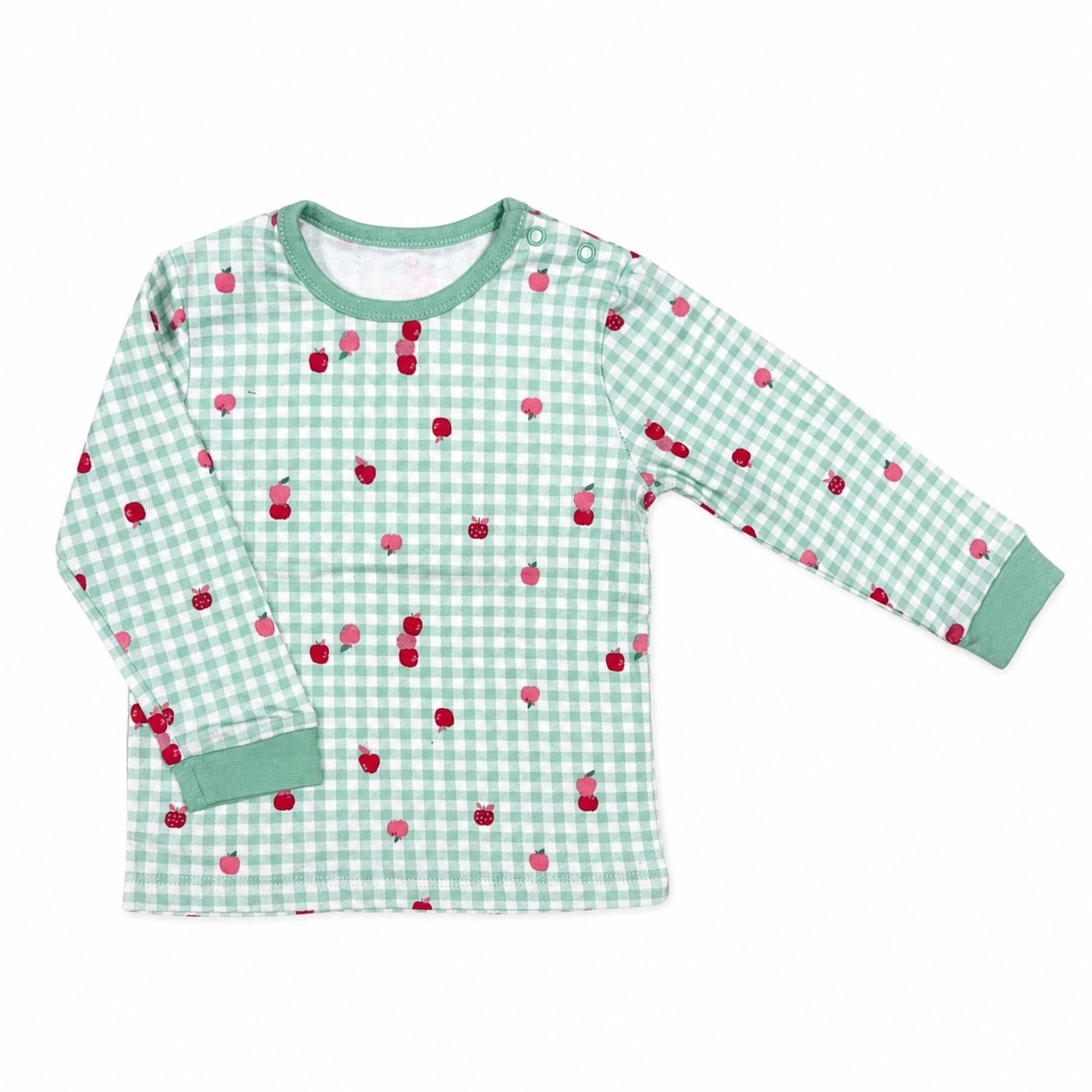 Mint Gingham Apple Long Sleeve Baby Top