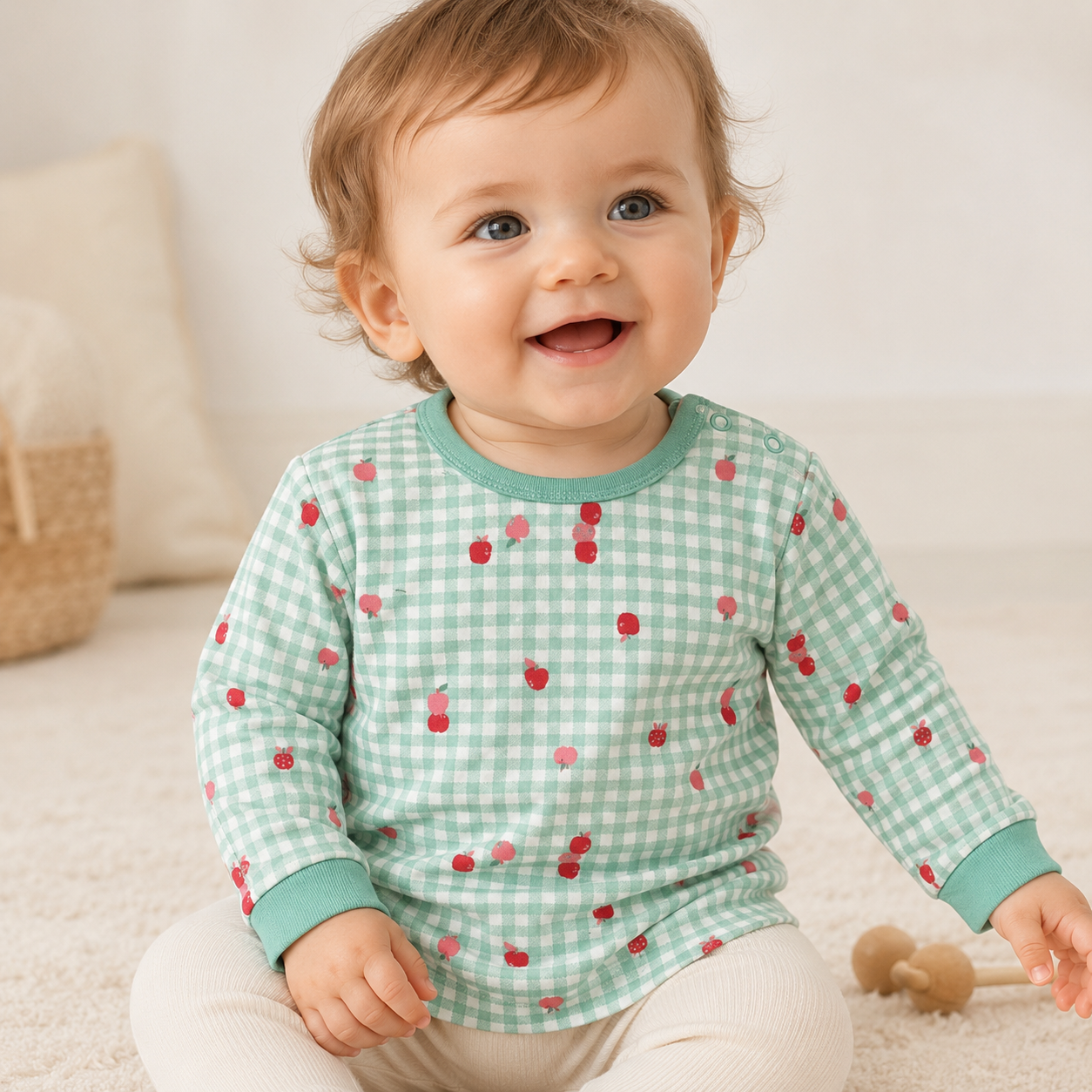 Mint Gingham Apple Long Sleeve Baby Top